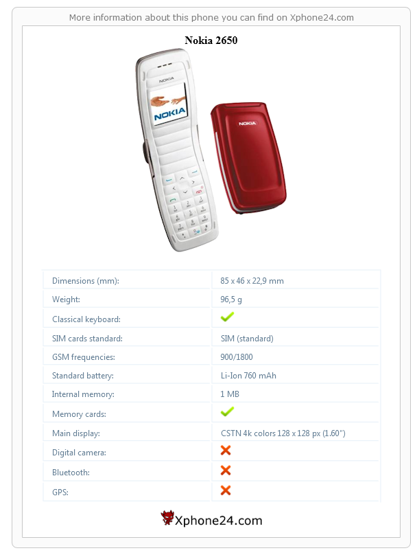 Nokia 2650 technical specifications