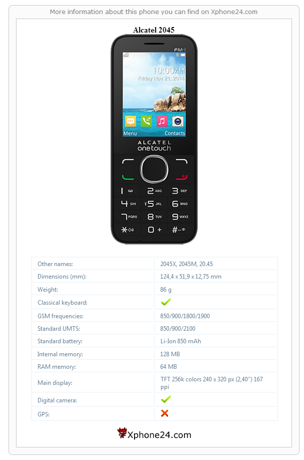 Alcatel 2045 technical specifications