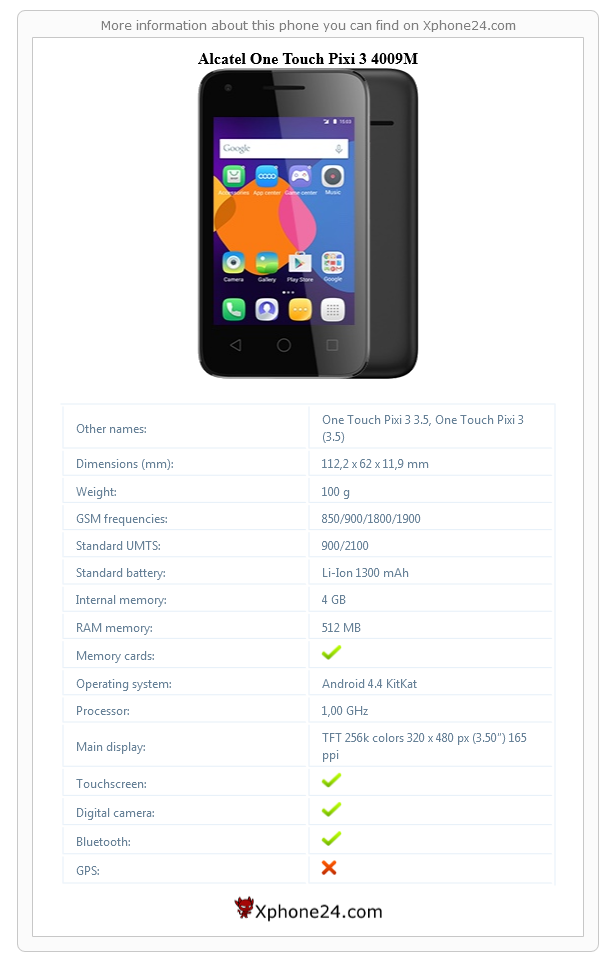 Alcatel One Touch Pixi 3 4009M technical specifications