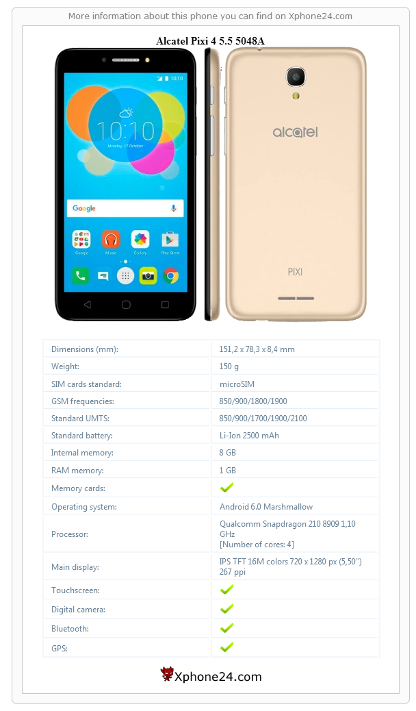Alcatel Pixi 4 5.5 5048A technical specifications
