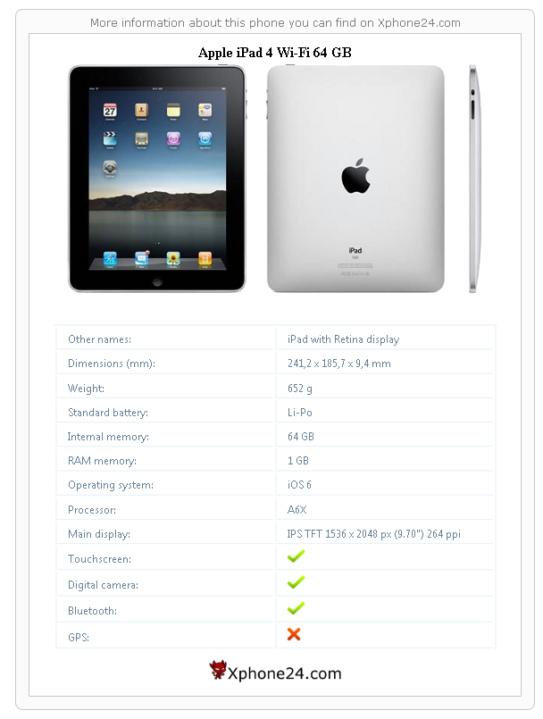 Apple iPad 4 Wi-Fi 64 GB technical specifications