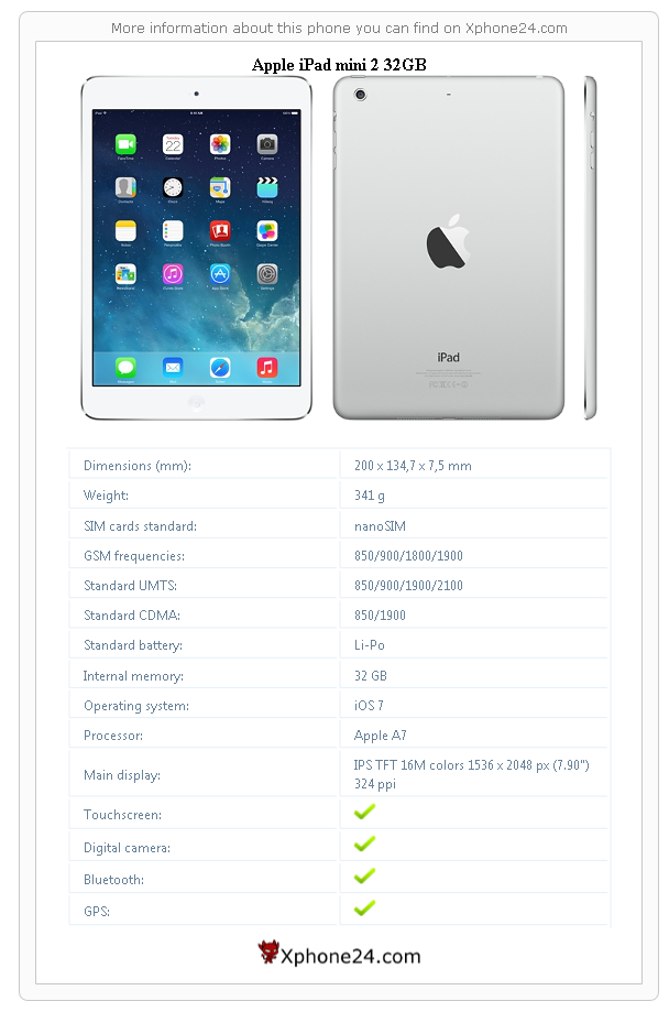 Apple iPad mini 2 32GB technical specifications