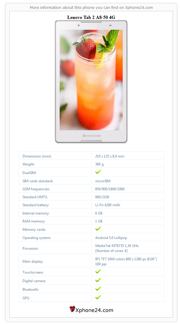 Lenovo Tab 2 A8-50 4G technical specifications