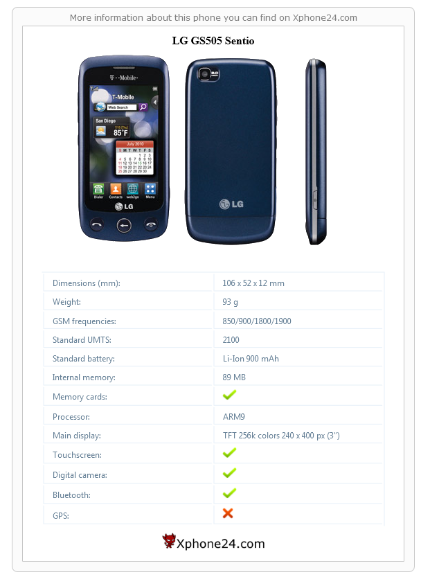 LG GS505 Sentio technical specifications