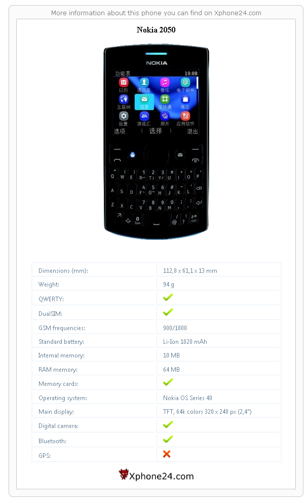 Nokia 2050 technical specifications