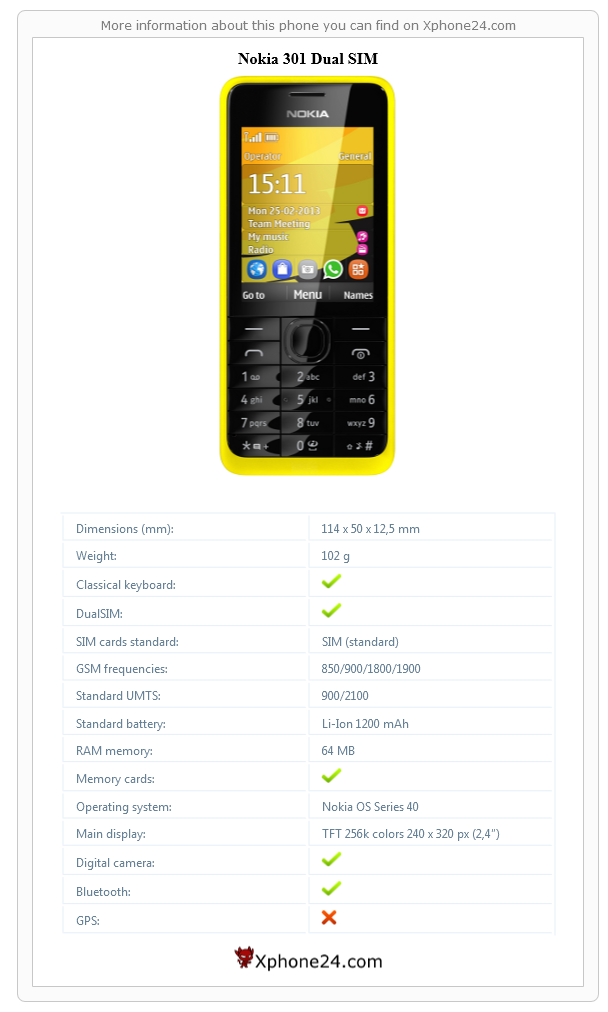 Nokia 301 Dual SIM technical specifications