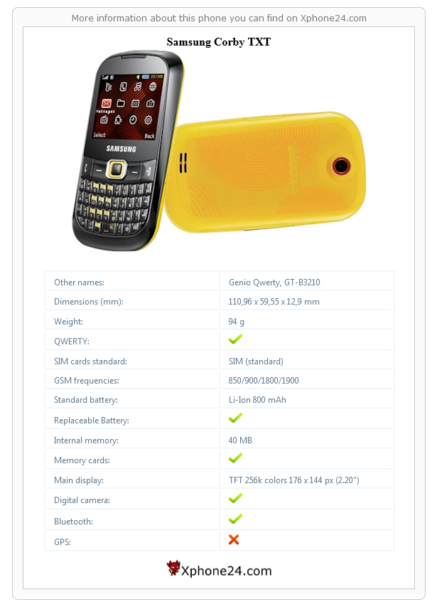 Samsung Corby TXT technical specifications