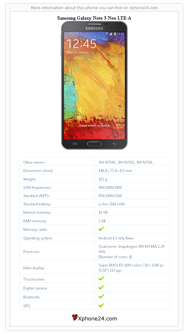 Samsung Galaxy Note 3 Neo LTE-A technical specifications