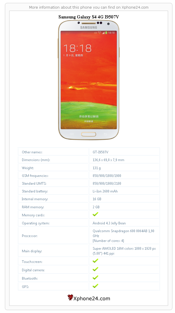 Samsung Galaxy S4 4G I9507V technical specifications